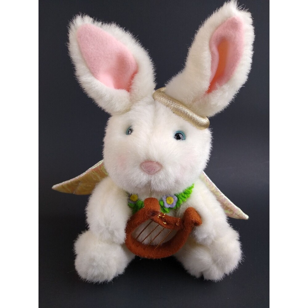 Plush Angel Bunny w Harp Halo Flower Collar Crinkle Wings Papel Stuffed Toy